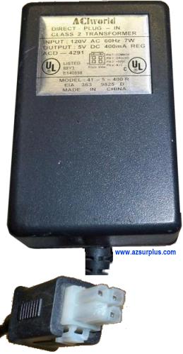 ACI World 41-5-400R AC ADAPTER 5V 400mA DIRECT PLUG-IN POWER SUP - Click Image to Close