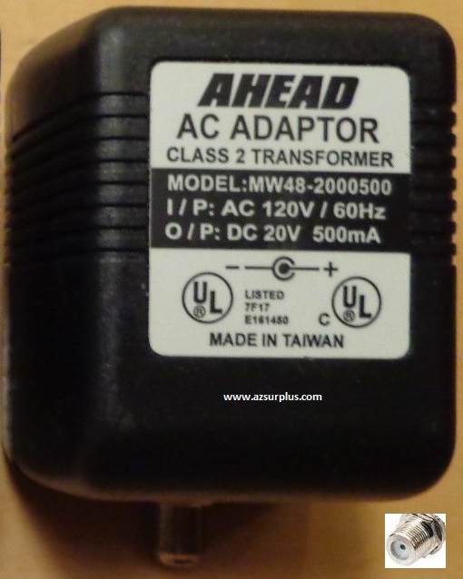 AHEAD MW48-2000500 AC Adaptor 500 20VDC 500mA -(+) RF POWER SUPP