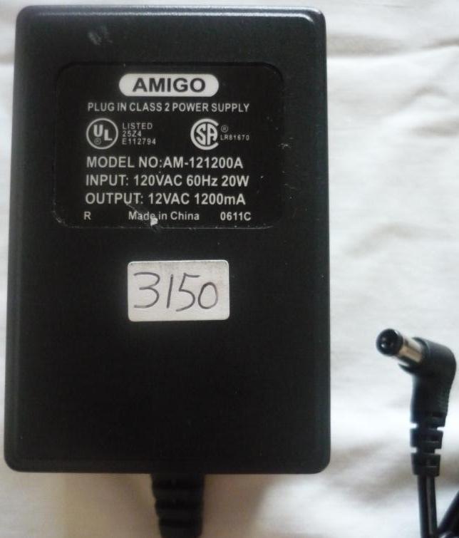 AMIGO AM-121200A AC ADAPTER 12VAC 1200MA PLUG-IN CLASS 2 POWER S