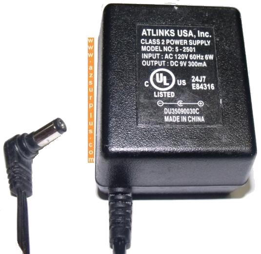 ATLINKS 5-2501 AC ADAPTER 9VDC 300mA USED -(+) 2x5.5mm ROUND BAR