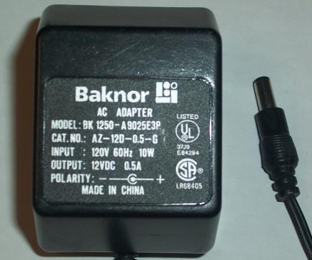BAKNOR BK 1250-A9025E3P AC DC ADAPTER 12V 0.5A 10W POWER SUPPLY