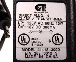 CET 41-18-300D AC DC ADAPTER 18V 300mA POWER SUPPLY