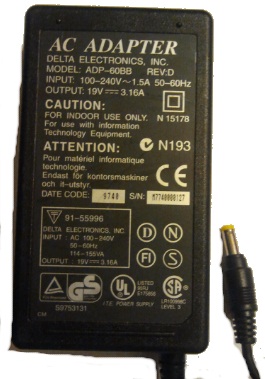 DELTA ADP-60BB REV:D USED 19VDC 3.16A ADAPTER 1.8 x 4.8 x 11mm