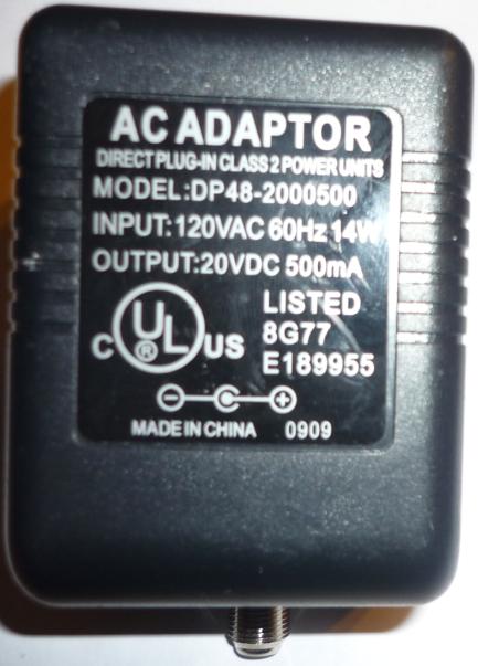 AC Adaptor DP48-2000500 20V DC 500mA -(+) RF POWER SUPPLY Adapte