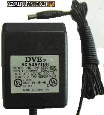 DVE DV-1250-B20 AC ADAPTER 12VDC 500mA DIRECT PLUG IN POWER SUPP