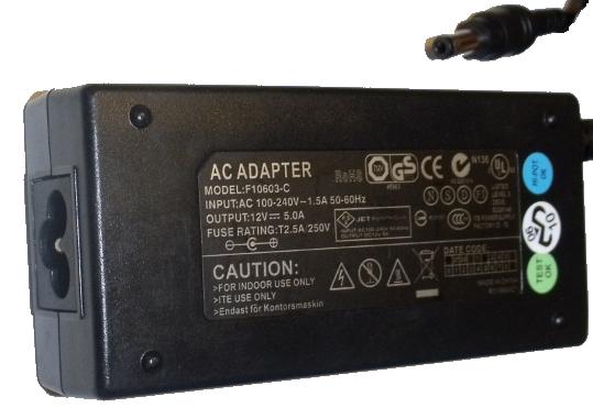 F10603-C AC ADAPTER 12V DC 5A USED 2.5 x 5.3 x 12.1 mm