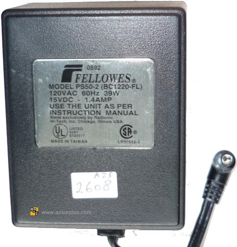 FELLOWES PS52-2 BC1220-FL AC ADAPTER 15VDC 1.4A Linear POWER SUP