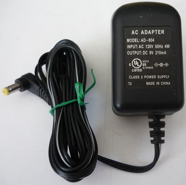 AD-804 AC ADAPTER 9VDC 210mA USED -(+) 1.7x4.7mm ROUND BARREL 9