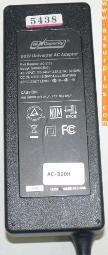 HI CAPACITY SAN0902N01 AC ADAPTER 15-20V 5A -(+)- 3x6.5mm Used 9