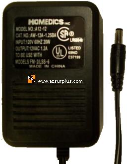 HOMEDICS A12-12 ADAPTER 12V AC 1.2A POWER SUPPLY FM-2 LSS-6 AW-