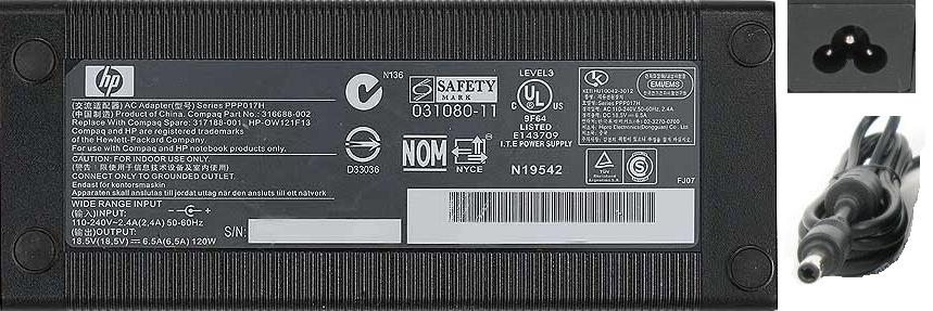 HP PPP017H AC ADAPTER 18.5VDC 6.5A 120W LAPTOP POWER SUPPLY