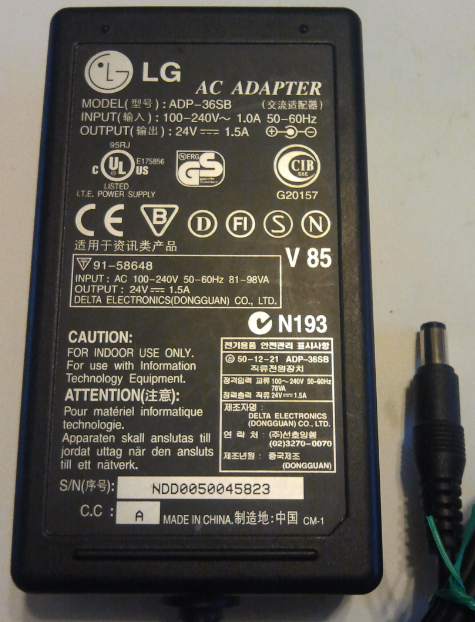 LG ADP-36SB AC ADAPTER 24VDC 1.5A USED 3 x 5.5 x 10mm