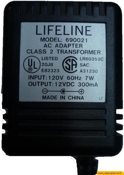 LIFELINE 690021 AC ADAPTER 12VDC 300mA 7W CLASS 2 TRANSFORMER