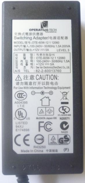 OPERATING TECH OTE-60W-12 1 12060 AC ADAPTER 12V 5A SWITCHING Ad