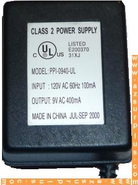 PPI-0940-UL AC ADAPTER 9VAC 400mA Used ~(~) 2x5.5x12mm 120vac Li