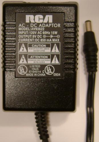 RCA AV93622 AC ADAPTER 9Vdc 0.85A +(-) 1.5x5.5mm 120vac FOR CAS