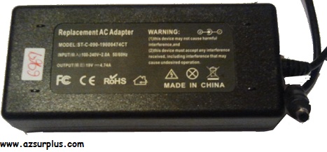 REPLACEMENT ST-C-090-19000474CT AC ADAPTER 19VDC 4.74A -(+) Used
