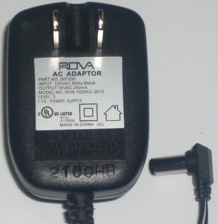 ROVA DVR-1625AC-3512 AC ADAPTER 16VAC 250mA ~(~)~ 2.5x5.5mm POWE