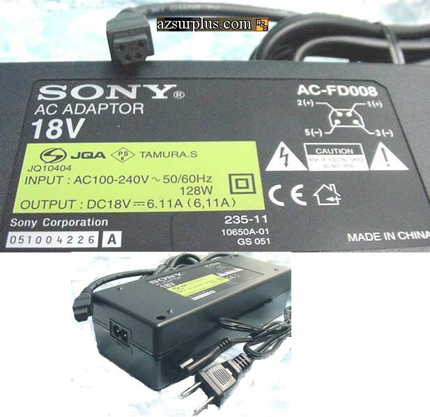 SONY AC-FD008 AC ADAPTER 18V 6.11A 4 PIN FEMALE CONECTOR