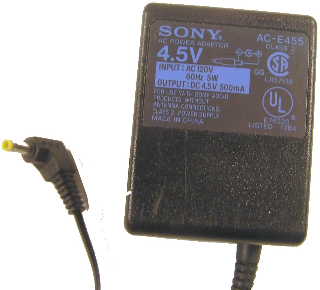 SONY AC-E455 AC ADAPTER 4.5VDC 500mA Used 1.7 x 4 x 9.5mm 90 Deg
