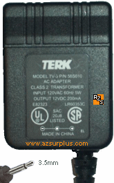 TERK TV-5 AC ADAPTER 12VDC 100mA +(-)- 3.5mm Mono 120Vac CLASS 2