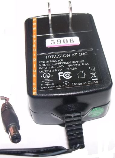 TRIVISION BT KSAFE0820250W1US AC ADAPTER 8.2V 2.5A PLUG IN POWER