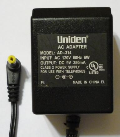 UNIDEN AD-314 AC ADAPTER 9VDC 350mA 6W Phone's POWER SUPPLY