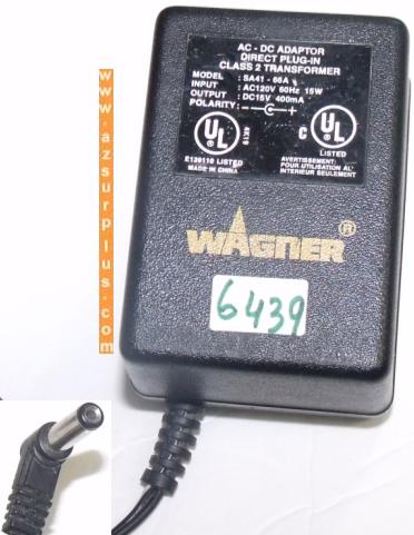 WAGNER SA41-66A AC ADAPTER 15VDC 400mA DIRECT PLUG IN CLASS 2 TR