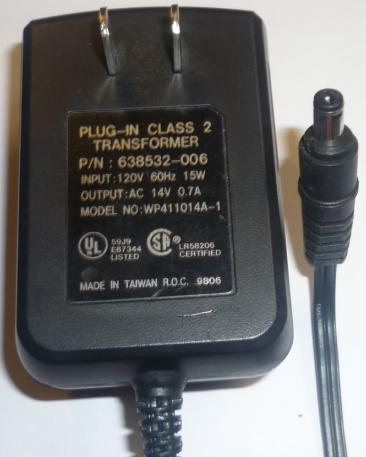 WP411014A-1 AC ADAPTER 14Vac 0.7A Used 2x5.5mm ~(~) 120vac PLUG-