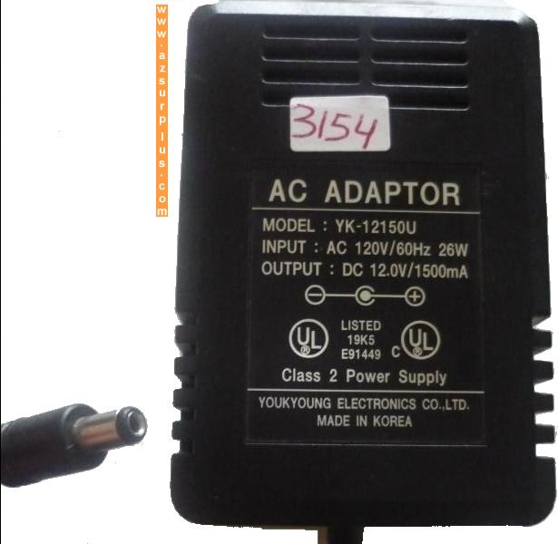 YOUKYOUNG YK-12150U AC DC ADAPTER 12V 1500mA CLASS 2 POWER SUPPL