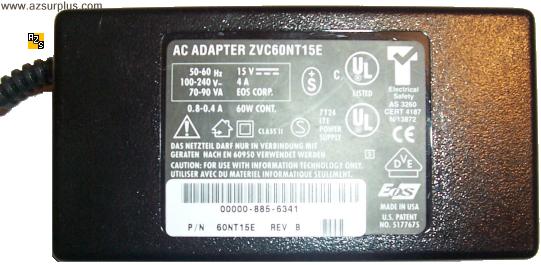 ZVC60NT15E AC DC ADAPTER 15V 4A POWER SUPPLY