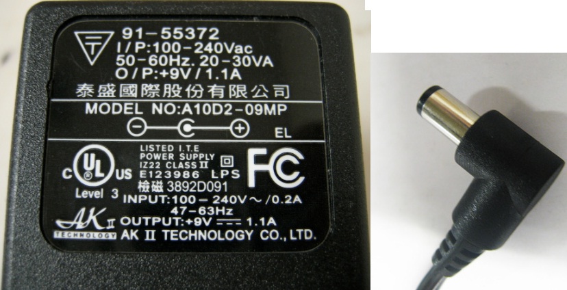 AKII TECHNOLOGY A10D2-09MP AC ADAPTER +9VDC 1A 2.5 x 5.5 x 9.3mm