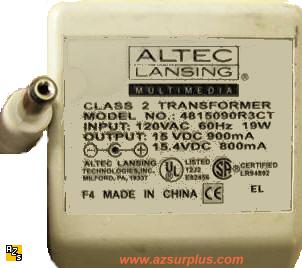 ALTEC LANSING 4815090R3CT AC ADAPTER 15VDC 900mA -(+) 2x5.5mm 12