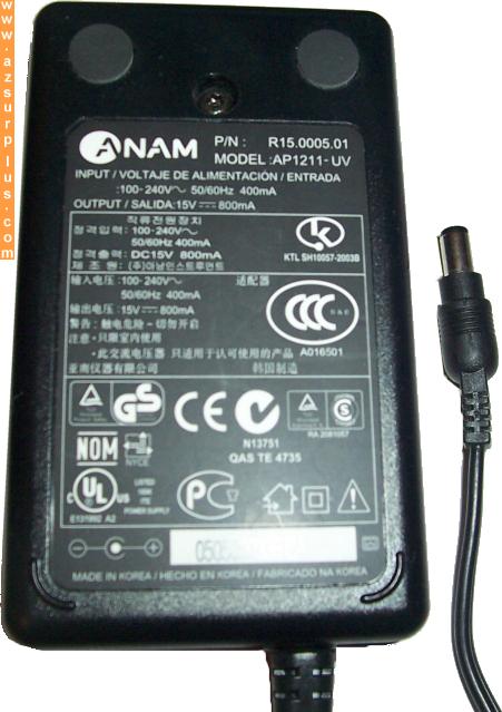 ANAM AP1211-UV AC ADAPTER 15VDC 800mA POWER SUPPLY