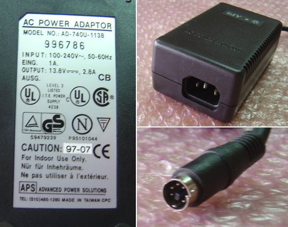 APS AD-74OU-1138 AC ADAPTER 13.8Vdc 2.8A used 6pin 9mm mini din