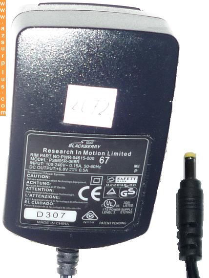 BLACKBERRY PSM05R-068R AC ADAPTER USED 1.7x4 6.8V DC 0.5A direct