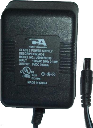 CA U090070D30 AC ADAPTER 9VDC 700mA +(-)+ 2x5.5mm 120vac Used AC