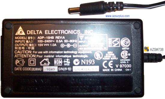 DELTA ADP-15HB AC ADAPTER 15VDC 1A -(+)- 2x5.5mm Used POWER SUPP