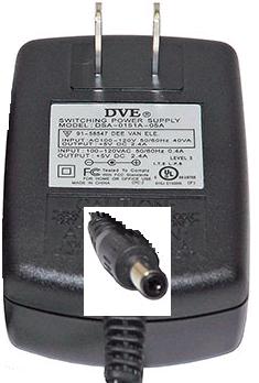 DVE DSA-0151A-05A AC ADAPTER 5VDC 2.4A -(+)- 2.5x5.5mm 120vac Us