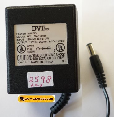 DVE DV-1220R AC ADAPTER 12V DC 200mA -(+) 2.1x5.5mm ROUND BARREL
