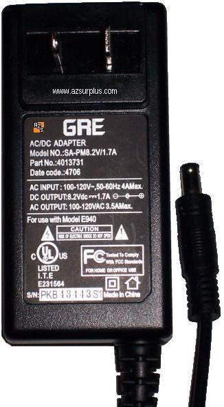 GRE SA-PM8.2V/1.7A AC ADAPTER 8.2V DC 1.7A -(+) 2x5.5mm Used 10