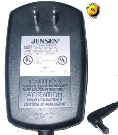JENSEN M0140-02/JW-250 AC ADAPTER 6VDC 100mA POWER SUPPLY CLASS