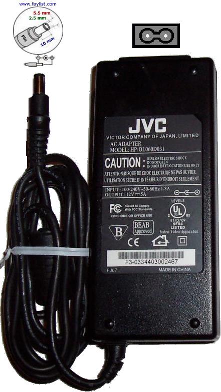 JVC HP-OL060D31 AC ADAPTER 12VDC 5A -(+)- 2.5x5.5mm 100-240Vac L