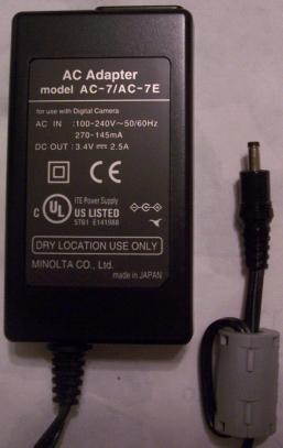 MINOLTA AC-7 AC-7E AC Adapter 3.4VDC 2.5A -(+) 1.5x4mm 100-240va