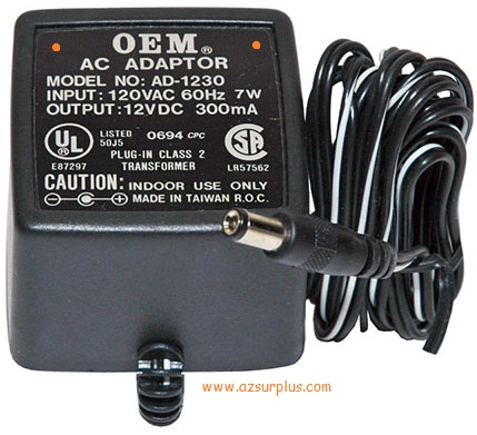 OEM AD-1230 AC ADAPTER 12VDC 300mA -(+)- 2.5x5.5mm Linear Power