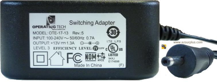 OPERATING TECH OTE-17-13 AC ADAPTER 13VDC 1.3A -(+) 1.3mm Mobile - Click Image to Close