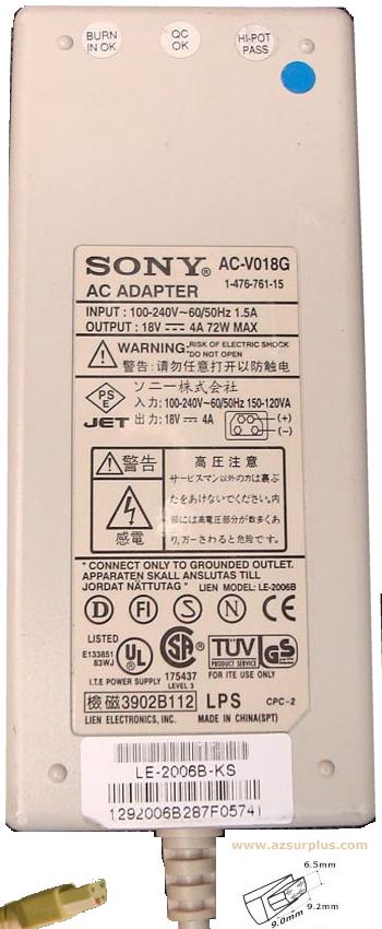 SONY AC-V018G AC ADAPTER 18VDC 4A 72W 4Pin POWER SUPPLY for LAPT