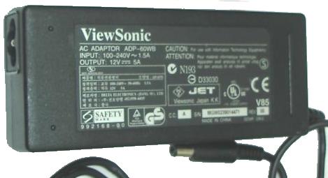 VIEWSONIC ADP-60WB AC ADAPTER 12Vdc 5A USED -(+)- 3 x6.5mm Power