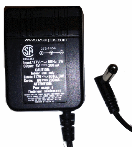 273-1454 AC ADAPTER 6VDC 200mA Used 2.2x5.5mm 90 Degree Round ba