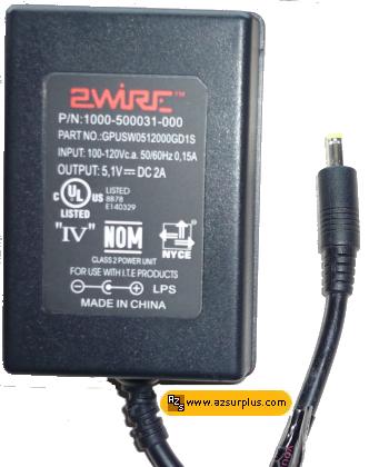2WIRE GPUSW0512000GD1S AC ADAPTER 5.1VDC 2A -(+) 1.5x4mm 100-240